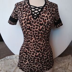 Hoodie Tee Shirt Women's Leopard Animal Print Laces V Neck Lacing Cleavage S